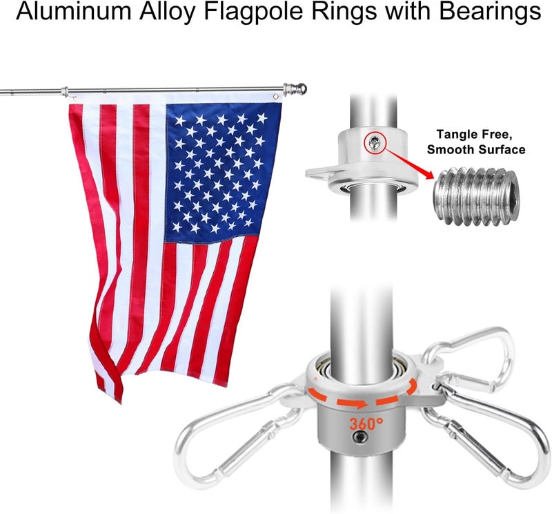 evertoco Premium Flag Pole Kit - T304 Stainless Steel 180°Adjustable Flag Bracket, Thicker 6 Ft Flag Pole with Aluminum Alloy Rings - Durable, Wind Resistant, Rust Free, Silver - Image 5